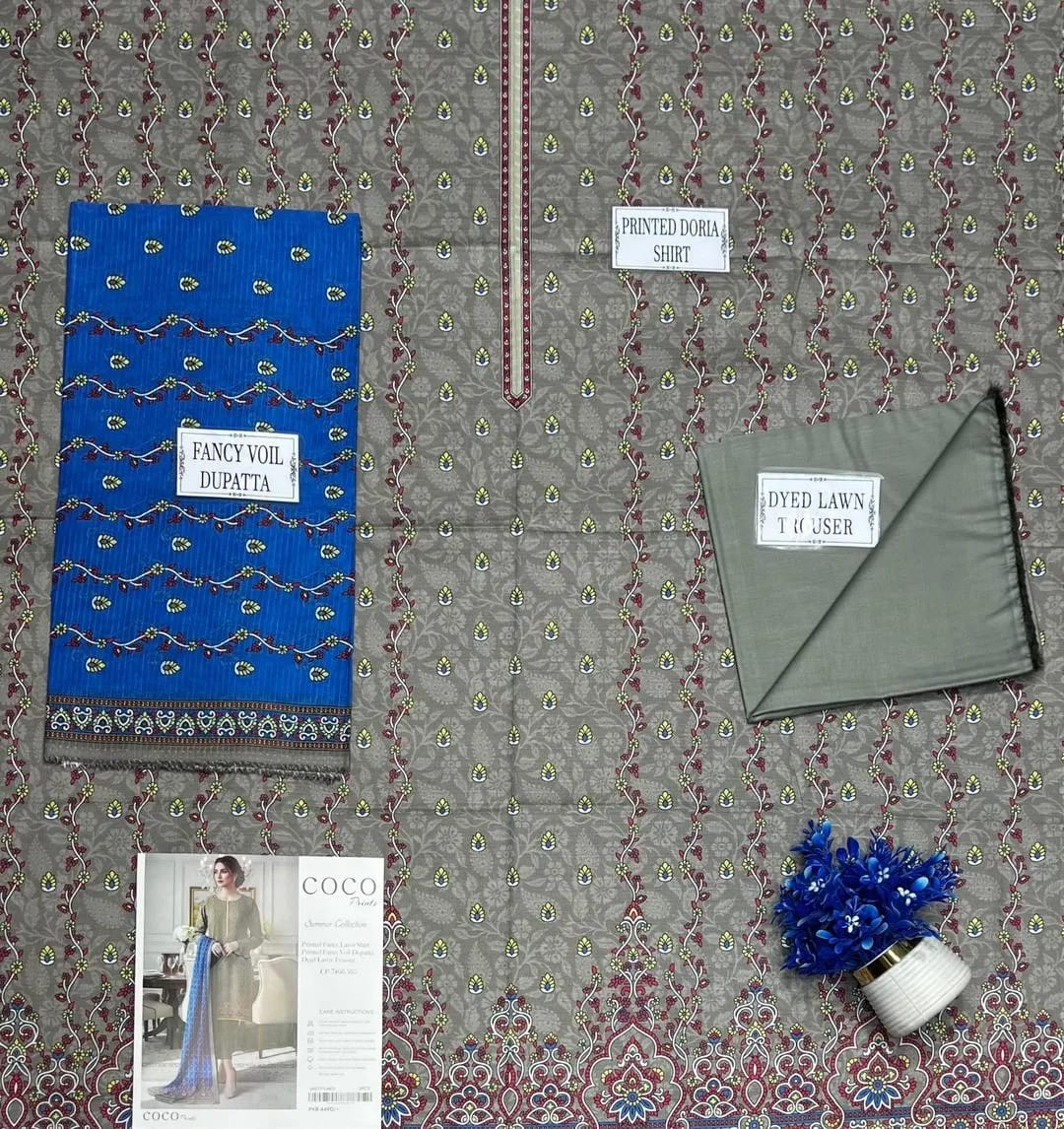 Grey Printed Dobby Lawn 3-Piece Shirt Dupatta Trouser Set