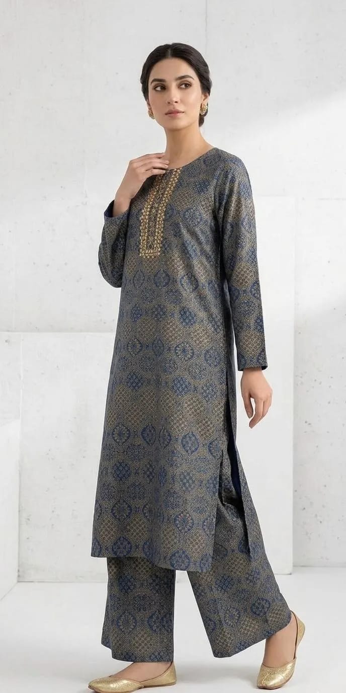 Arabic Lawn Block Printed Kurta Set Grey 2-Piece
