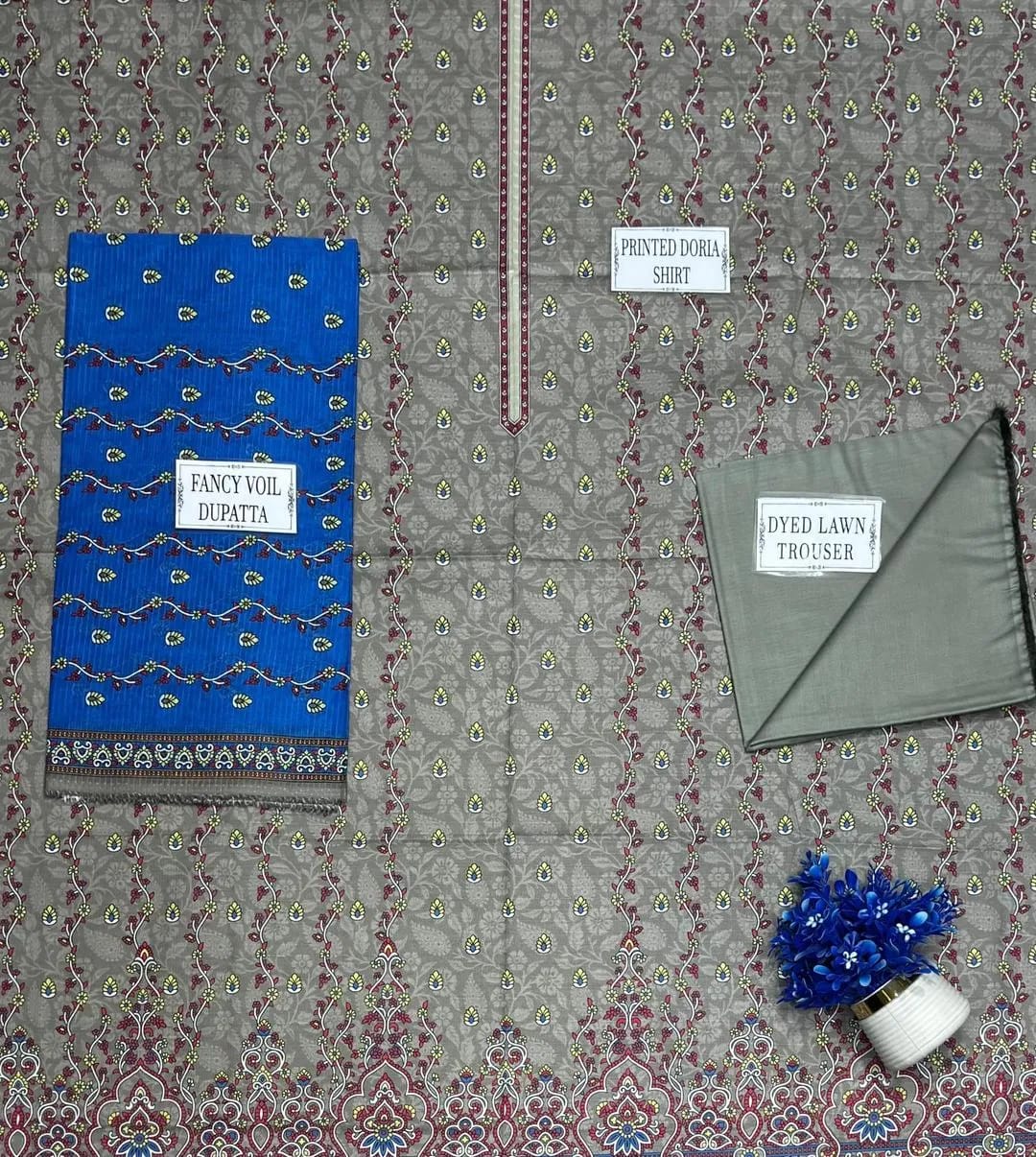 Grey Printed Dobby Lawn 3-Piece Shirt Dupatta Trouser Set