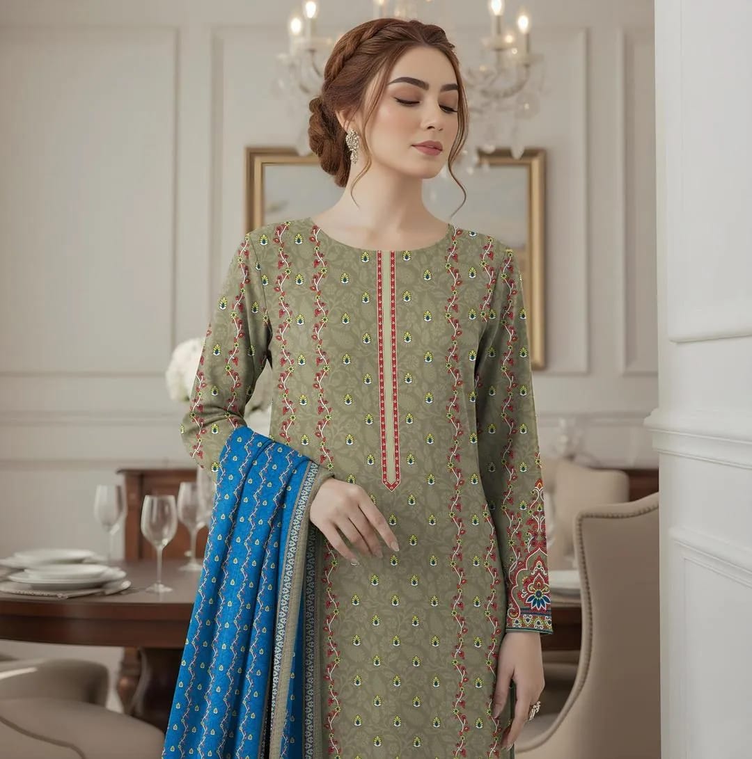 Grey Printed Dobby Lawn 3-Piece Shirt Dupatta Trouser Set