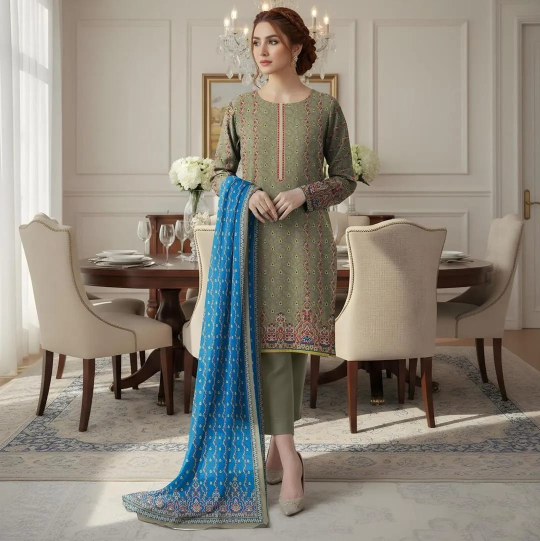 Grey Printed Dobby Lawn 3-Piece Shirt Dupatta Trouser Set