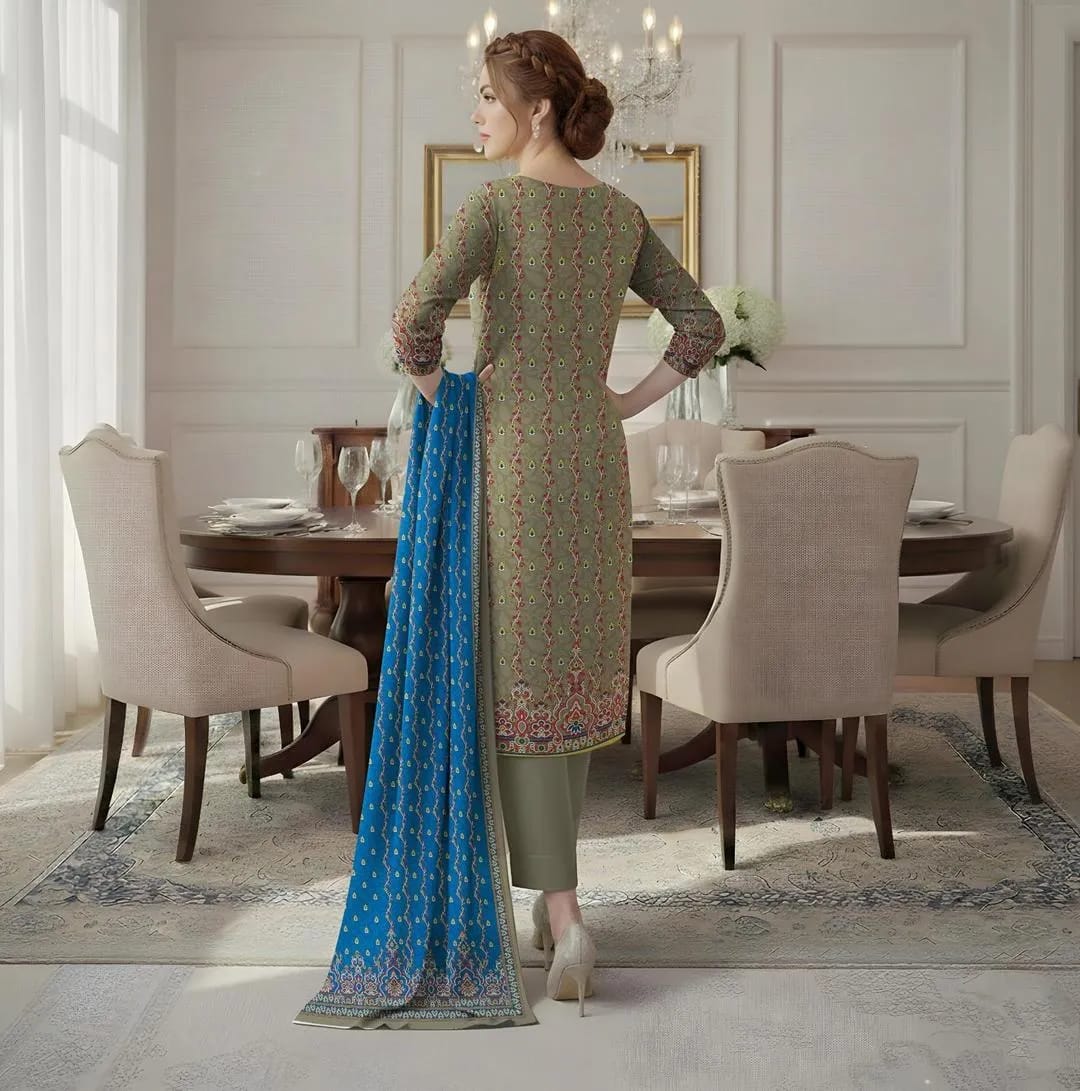 Grey Printed Dobby Lawn 3-Piece Shirt Dupatta Trouser Set