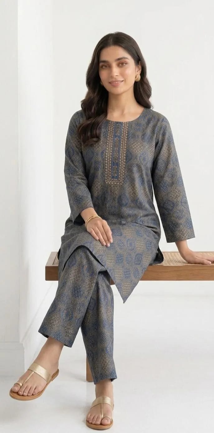 Arabic Lawn Block Printed Kurta Set Grey 2-Piece