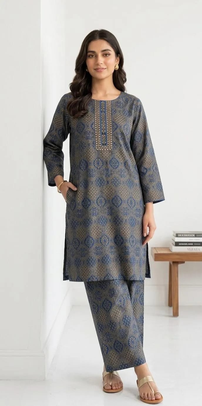 Arabic Lawn Block Printed Kurta Set Grey 2-Piece