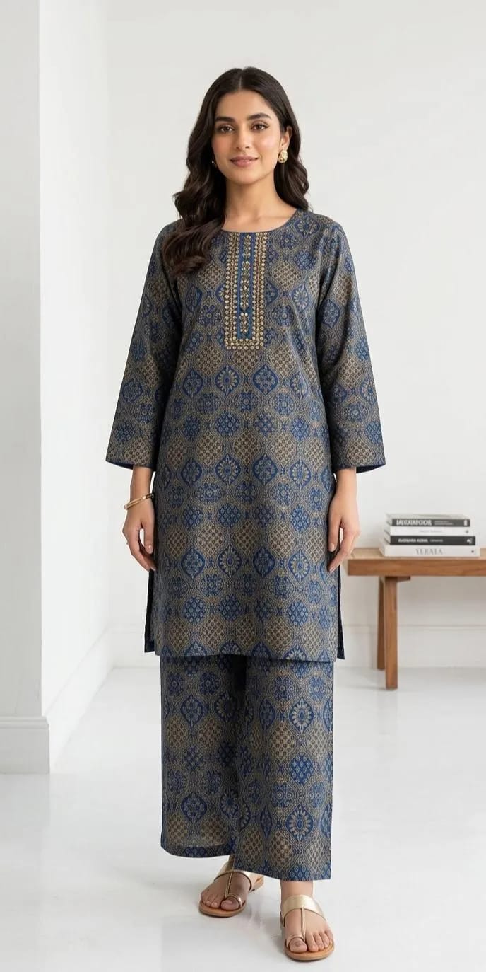 Arabic Lawn Block Printed Kurta Set Grey 2-Piece